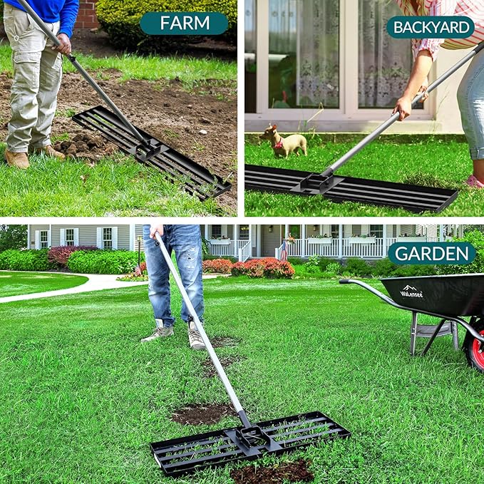 Walensee Lawn Leveling Rake, Levelawn Tool, Heavy Duty Effort Saving Lawn Level Tool, Steel Handle Lawn Leveler for Yard Garden Golf Course , Ease Level Soil Sand Dirt Surfaces, 6.5FT 17"x10"