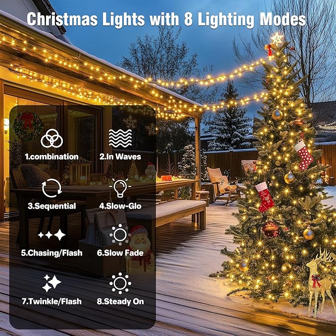 ASENEK Extra Long Christmas Tree Lights 197FT 600 LED Connectable 8 Modes with Timer Decorative String Lights for Xmas Tree Patio Party Warm White