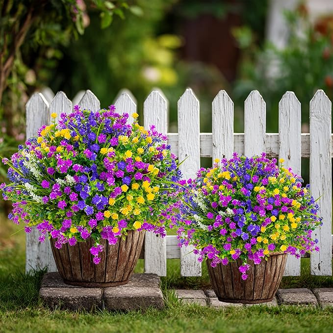 Artificial Flowers Outdoor Fake Plants - 12 Bundles UV Resistant Shrubs No Fade Faux Plastic Greenery Home Garden Porch Patio Decoration Indoor (1, Multi-12pcs)