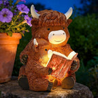 GIGALUMI Solar Highland Cow Decor 8" Garden Statue, Outdoor Decor, Decoration with Light for Patio Yard Lawn Balcony, Christmas/Birthday Gifts for Mom Women