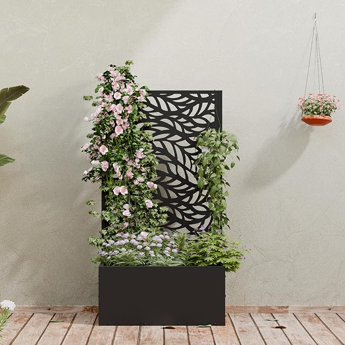 Casaphoria Metal Raised Garden Bed with Trellis, 47"x24"x12" Planter Box for Climbing Plants, Vegetables & Vines, Features Drainage Holes and Privacy Screen (Black-Spring)