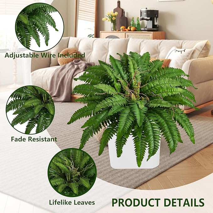 40 in Artificial Boston Ferns Bush, Set of 2 Large Faux Ferns Plants, 53 Branches Fake Ferns for Home Living Room Decor, Indoor and Outdoor