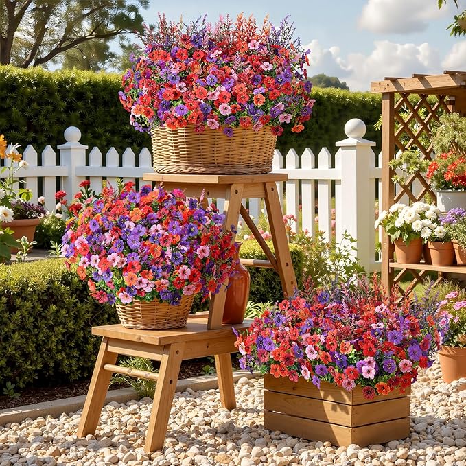 SHareconn 24 Bundles Artificial Flowers for Outdoors Decoration, Faux Plants Fake Silk Colorful Daisy Eucalyptus Lavender, UV Resistant for Outside Home Porch Indoor Spring Decor, 6 Colors incl. Brown