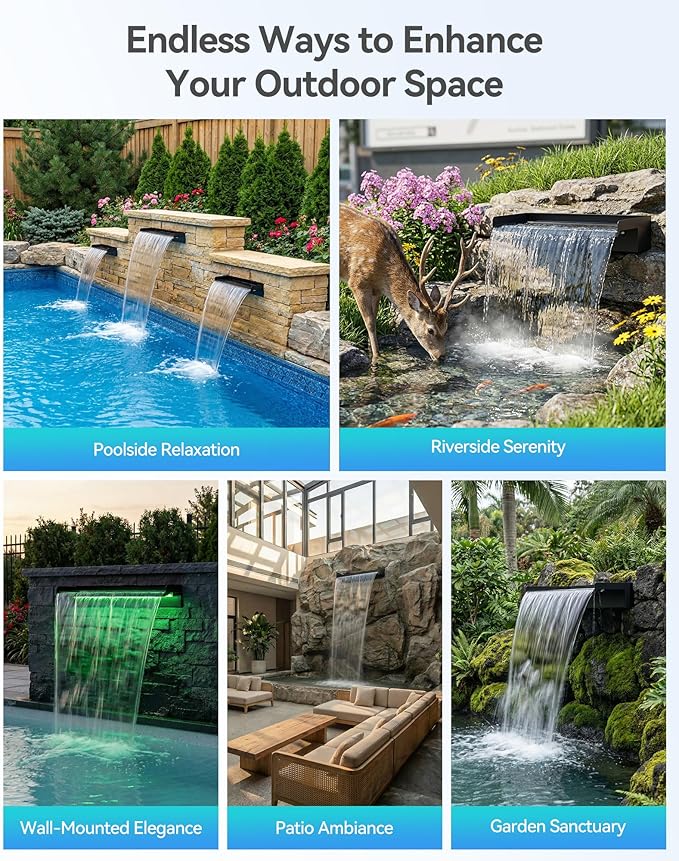 POPOSOAP Pond Waterfall Kit with Colorful LED Lights & 1200GPH Pond Pump, APP & Remote Control, Auto Timer, Pond Waterfall Spillway with 9.8FT Corrugated Tube for Pool, Garden, Patio, Backyard-P46DC