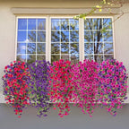 Artificial Hanging Petunias Flowers for Outdoor, 4pcs Fake Plants Long Vine Morning Glory Eucalyptus, UV Resistant Realistic Faux Greenery Indoor Outside Patio Porch Garden Spring Summer Decor, Purple