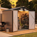 Aoxun 8x6FT Outdoor Storage Shed with Floor Galvanized Steel Shed with Magnetic Sensor Light Metal Garden Shed for Bike/Generator/Tool Storage (Brown)