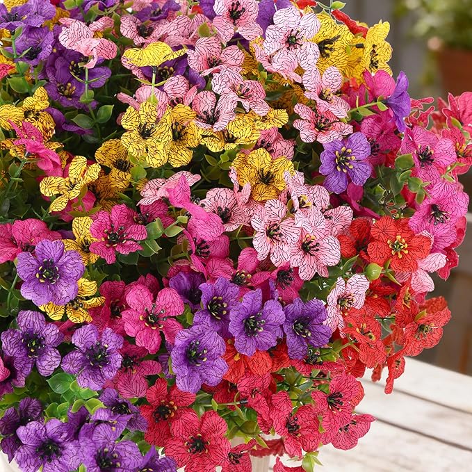 CEWOR 24 Bundles Artificial Flowers for Outdoor Indoor, Fake Silk Daisy with Eucalyptus Leaves, Faux Flower for Garden Front Door Porch Planter Patio Home Decor (6 Multicolor)