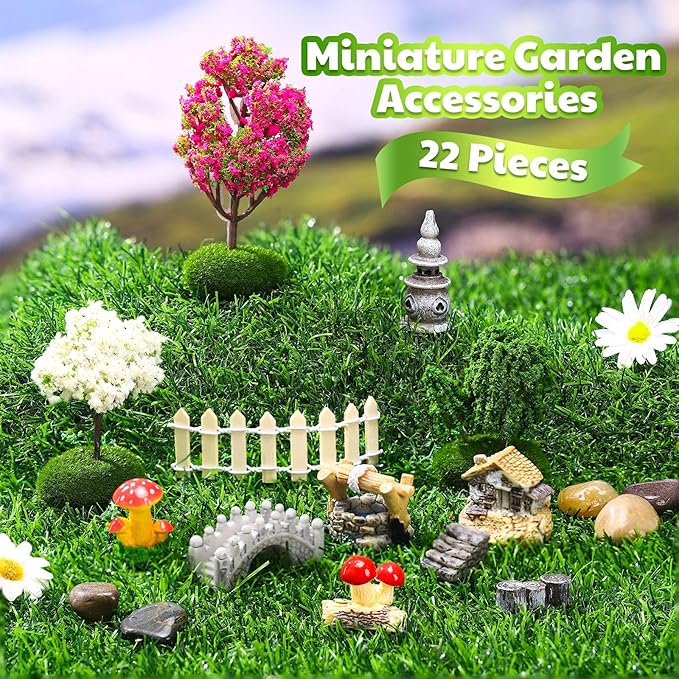 RoundFunny 23 Pcs Jumping Spider Enclosure and Habitat Miniatures Figurines Set Clear Acrylic Enclosure Mini Jumping Spider Accessories for Habitat Decorations Garden Figurines(Moss)