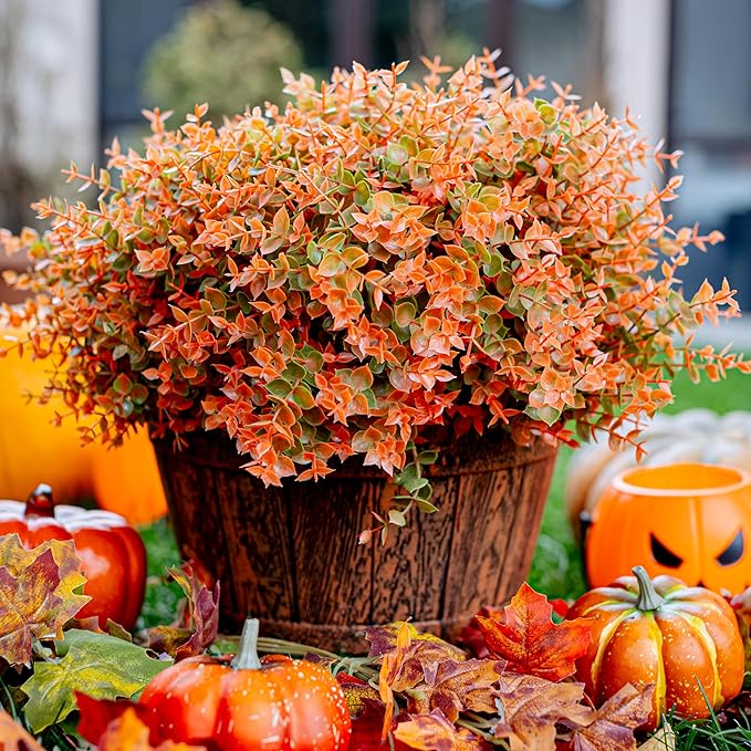 Artificial Fall Flowers Outdoor Fake Mums - 16 Bundles Fake Plants UV Resistant No Fade Faux Plastic Greenery Garden Porch Patio Fall Home Decor (Green Orange)