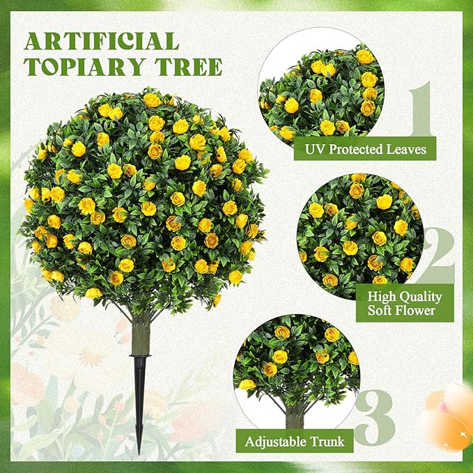 Lunmon 2 Pack 24" Artificial Topiary Ball Plants Trees with Flowers, Outdoor Fake Topiary Plants with Ground Spike, UV Resistant Faux Bushes for Indoor Outdoor Front Door Decor(Yellow,Rose)