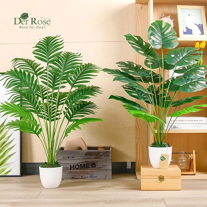 Der Rose 2Pcs Fake Plants 28'' Large Artificial Palm Tree and Faux Plants Indoor Tall in White Pots for Home Office Bathroom Patio Floor Outdoor Decor
