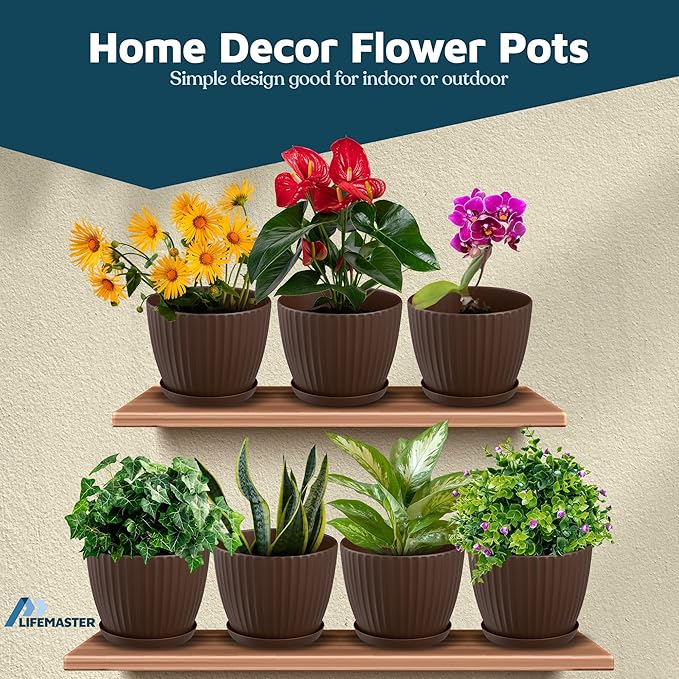 Brown 6-Inch Plant Pots with Drainage & Saucers 3 Pack, Indoor & Outdoor Planters for Houseplants, Herbs, and Flowers, Durable & Weatherproof Material, Stackable, Lightweight, Minimalist Design