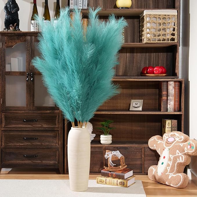 Premium Faux Teal Pampas Grass – 55" Tall Ultra-Fluffy 24-Branch One-Piece Stems No Assembly, Luxury Silk-Feel Feather Flowers for Boho Coastal Tropical Home Decor (Peacock Teal, 8 Stems)