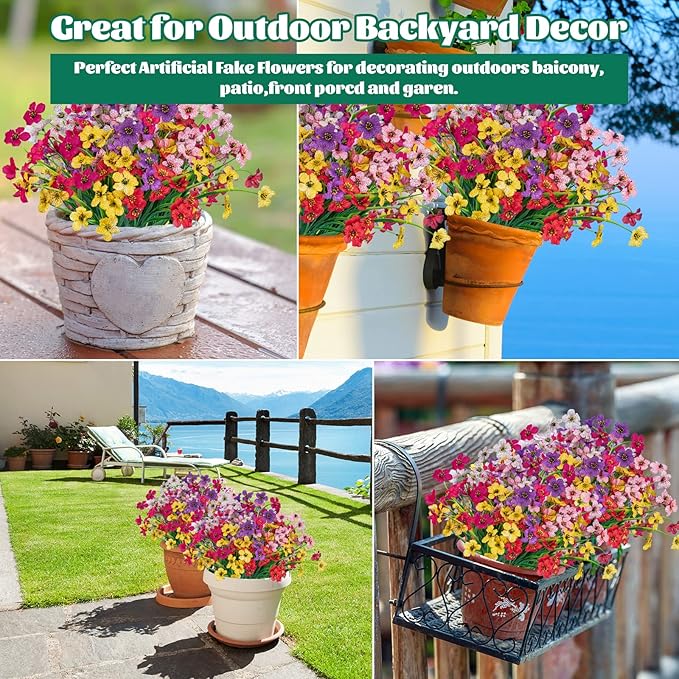 Lnoicy 12 Pcs Artificial Flowers for Outdoor,Plastic Flowers Decoration, UV Resistant Faux Flowers Shrubs, Artificial Plants for Indoor Outside Garden Home Wedding Farmhouse（6 Color）