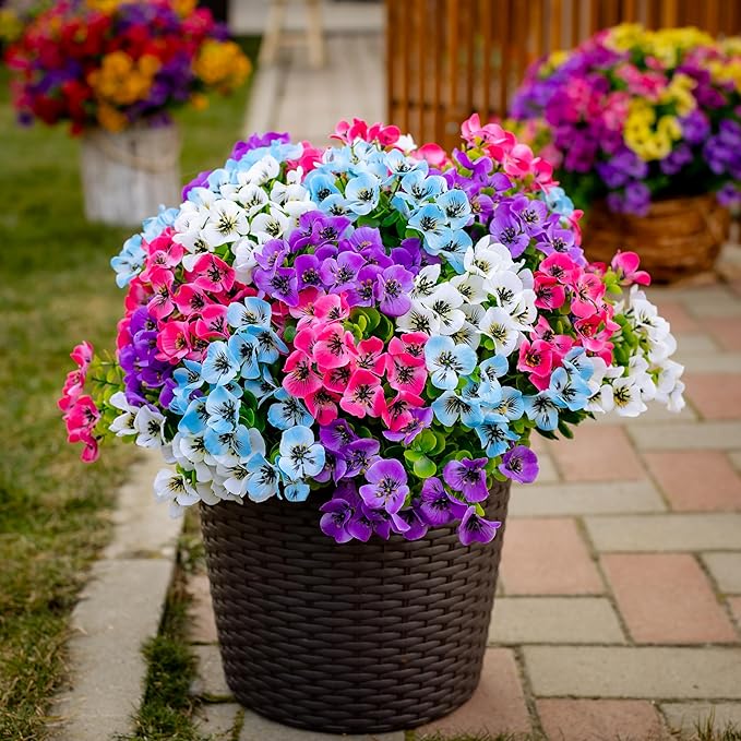 Artificial Flowers Outdoor Shrubs - 16 Bundles Fake Plants UV Resistant No Fade Faux Plastic Greenery Home Garden Porch Decoration Indoor (1, Multi 16-5)