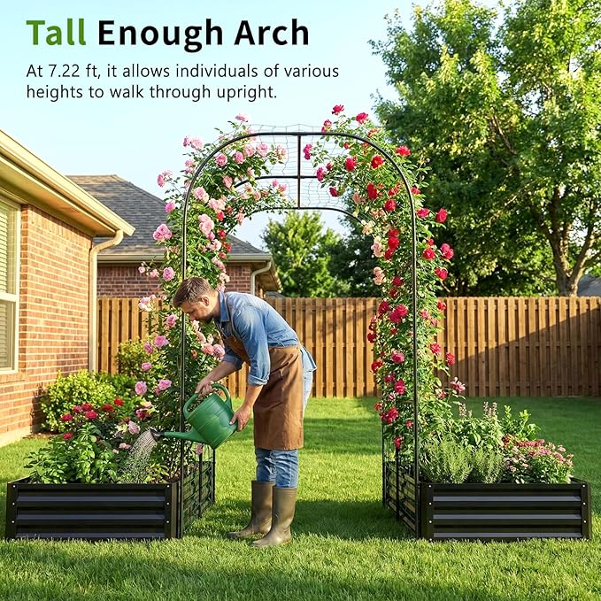 DoCred 3 in 1 Raised Garden Bed with 87in Tall Arch Trellis for Climbing Plants, Galvanized Planter Garden Box Outdoor for Gardening, Climbing Vegetables, Flower, Black