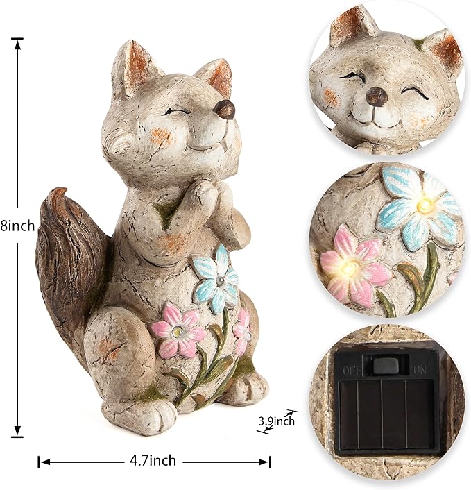 Smadeer Fox Statue for Garden Decor, Garden Statue with Solar Power Light for Outdoor Patio Porch Lawn Yard Backyard Oudside Indoor Shelf Decoration,Praying Fox Sculptures & Statues Woman