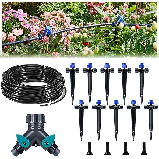 HIRALIY 40ft Push-to-Connect Drip Irrigation Kit, Adjustable Plant Watering System, for Garden Raised Bed Saving Water Automatic Irrigation Equipment with Drip Emitters, Tubing, Connectors