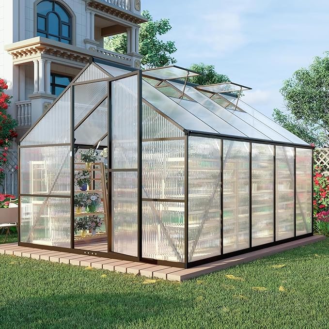 8x10 FT Greenhouse for Outdoors, Polycarbonate Greenhouse with Quick Setup Structure and Roof Vent, Aluminum Large Walk-in Green House for Outside Garden Backyard, Dark Gray