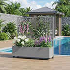 Casaphoria Metal Raised Garden Bed with Trellis and Wheels, 47"x47"x16" Planter Box for Climbing Plants, Vegetables & Vines, Features Drainage Holes and Privacy Screen, Grey-Net