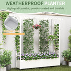 Raised Garden Bed with Trellis & Hanging Roof, Weatherproof Metal Planter Box with Wheels, Garden Arch Trellis for Outdoor Climbing Plants Vines Flowers, 74" H x 77" L x 17" W, White