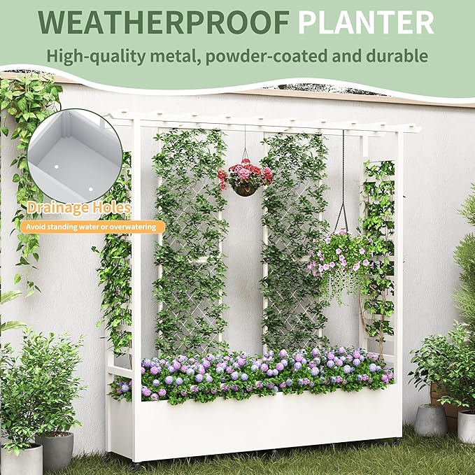 Raised Garden Bed with Trellis & Hanging Roof, Weatherproof Metal Planter Box with Wheels, Garden Arch Trellis for Outdoor Climbing Plants Vines Flowers, 74" H x 77" L x 17" W, White