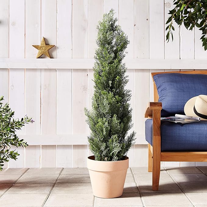 Nearly Natural 4ft Faux Cedar Tree in Nursery Planter, UV Resistant Artificial Pine Tree for Outdoor Front Porch Patio Entryway Decor