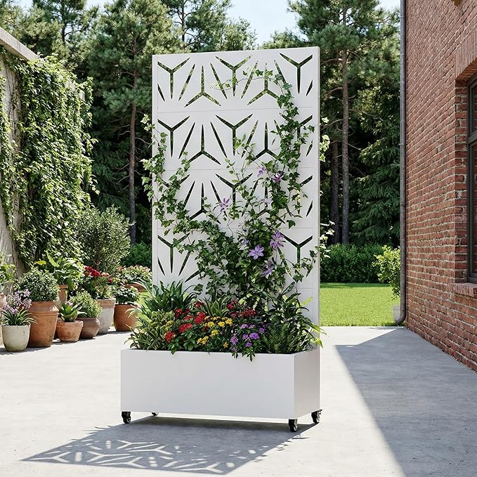 Casaphoria Metal Raised Garden Bed with Trellis and Wheels, 72"x35"x16" Planter Box for Climbing Plants, Vegetables & Vines, Features Drainage Holes and Privacy Screen, White-Star