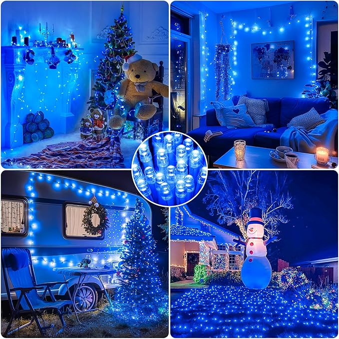 JMEXSUSS Blue Christmas String Lights Indoor Outdoor, 66ft 200 LED Blue String Lights Clear Wire Plug in, 8 Modes Waterproof Christmas Lights for Halloween Tree Party Bedroom Wall Christmas Decoration