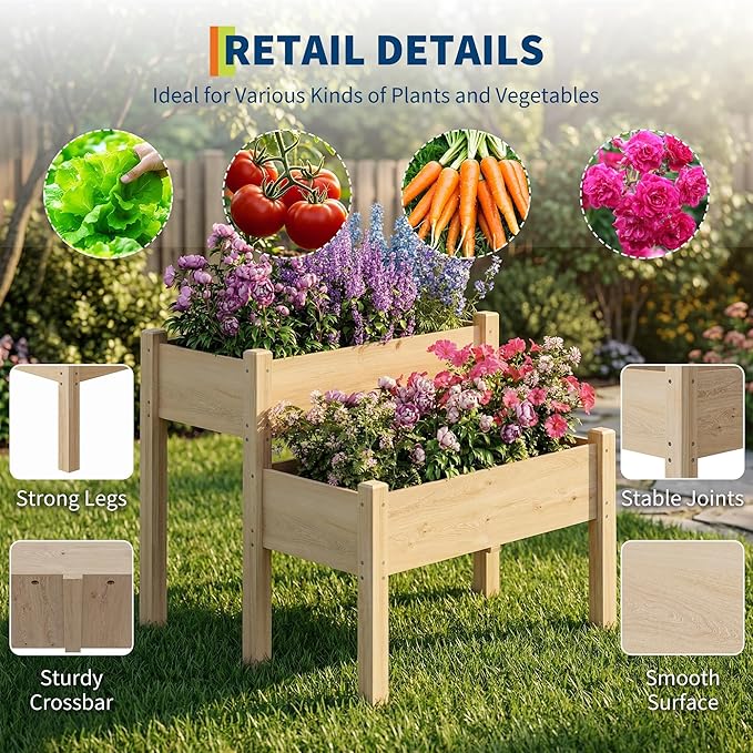 GarveeLife 34x34x29inches Two-Tier Wooden Raised Garden Bed with Legs, Large Elevated Outdoor Planter Box with 8 Drainage Holes, 352 Lbs Capacity for Vegetables, Herbs, Flowers, Backyard, Patio