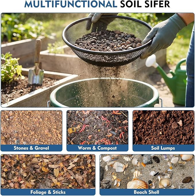 3PCS Soil Sifter for Gardening, 11.8" W Rock Sifter for 5 Gallon Bucket, 3mm/6mm/8mm Mesh Galvanized Steel Sifting Screen Dirt Sifter for Compost, Worm, Leaves, Sawdust, Rocks, Sand and Gravel