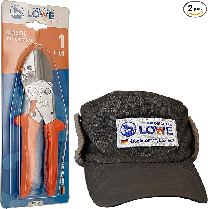 Original LÖWE 1 Professional Anvil Secateurs 1.104 with Stainless Steel Blade and Non-Stick Coating & Warm Lined Winter Hat, Ideal for Winter Gardening