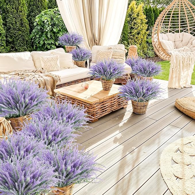 obbsie 30 Bundles Artificial Lavender Outdoor, 14.5" UV Resistant Faux Plants Outdoor Greenery Stems No Fade Plastic Fake Flowers for Window Garden Office Patio Porch Decor