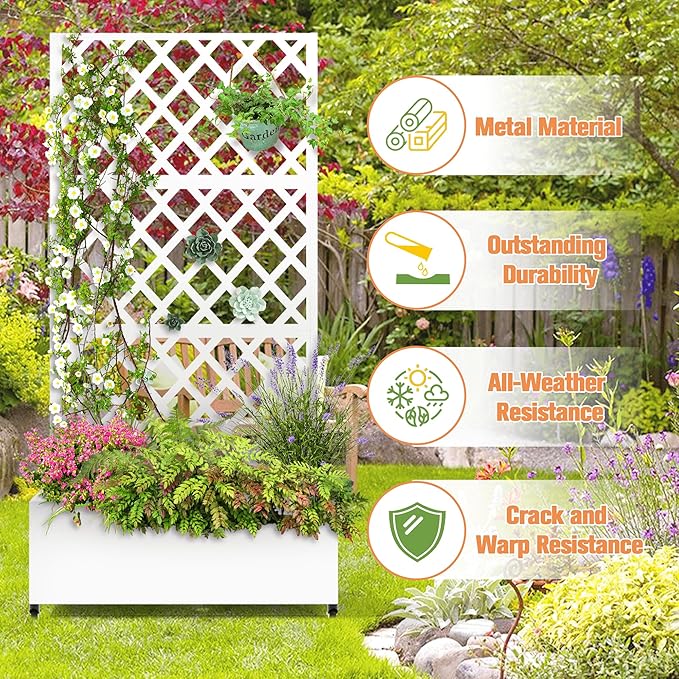 Metal Raised Garden Bed with Diamond Lattice Trellis, Outdoor Planter Box for Climbing Plants Vegetables Vines, Galvanized Garden Box with Drainage Holes and Wheels, White (35.4"L x 16.7"W x 73.2"H)