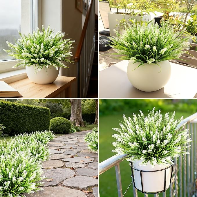 16 Bundles Artificial Plants Outdoor, UV Resistant Fake Lavender & Monkey Grass, Realistic Plastic Faux Plants for Balcony, Patio, Porch Greenery Decor, Planter Filler(White)