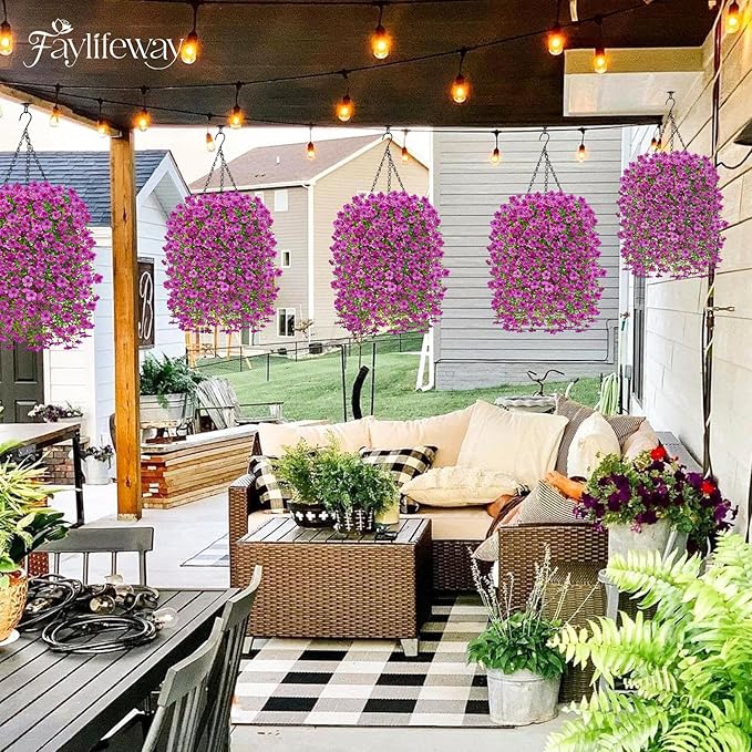 Artificial Hanging Flowers for Outdoors Spring Summer Decoration, 4PCS UV Resistant Silk Fake Hanging Plants for Patio Porch Front Yard Window Garden Indoor Decor(Purple,4PCS)