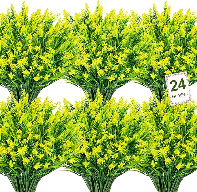Bassion 24 Bundles Artificial Flowers for Outdoors, Fake Lavender Flowers with Monkey Grass UV Resistant Plastic Faux Plants for Outside Hanging Planter Window Box Garden Patio Front Porch Home Decor