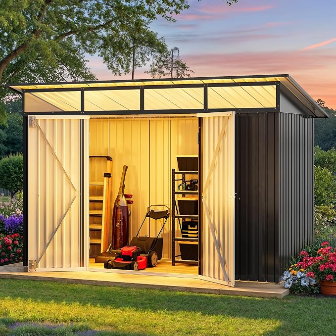DWVO 9x4 FT Outdoor Storage Shed with Acrylic Windows, Utility Tool Shed Metal Storage Garden Shed with Door & Lock for Bike Storage, Waterproof Trash Shed for Backyard Garden Patio, Dark Dray