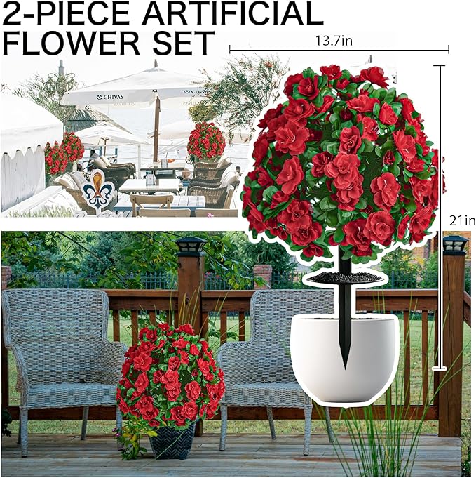 Artificial Flowers for Outdoors, Faux Outdoor Plants Fake Plants Topiary Balls Artificial Outdoor Set of 2 with Ground Spike for Home Front Porch Patio Garden Decor (Red)