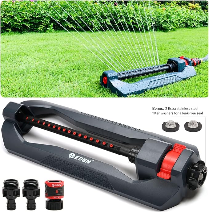 Eden 96213 Essential Turbo Oscillating Water Sprinkler, Covers Up to 3,600 sq. ft., 16 Nozzles, Weighted Base, Adjustable Range, Quick Connect Bundle, Dark Grey, Red, Silver