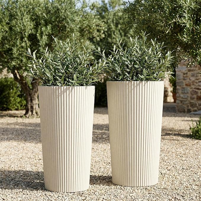 23.6" H Tall Planters for Outdoor Plants, 2 Pack Large Outdoor Planters for Front Porch Decor with Drainage Hole, Plastic Striped Flower Pots Fits Indoor Plants Patio Garden, Black