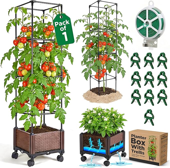 1 Pack Self Watering Tomato Planter with Trellis 64 Inch, Raised Garden Bed with Trellis - Planter Box for Climbing Plants, Tomato Pot for Vegetables, Vine Flowers, Indoor, Outdoor, Patio