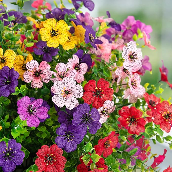 Ammyoo Artificial Flowers for Outdoors Spring Decoration, 12 Bundles Fake Flower Daisy with Realistic Eucalyptus Leaves, Faux Plants for Greenery Boxwood Porch Patio Garden Pot Lawn