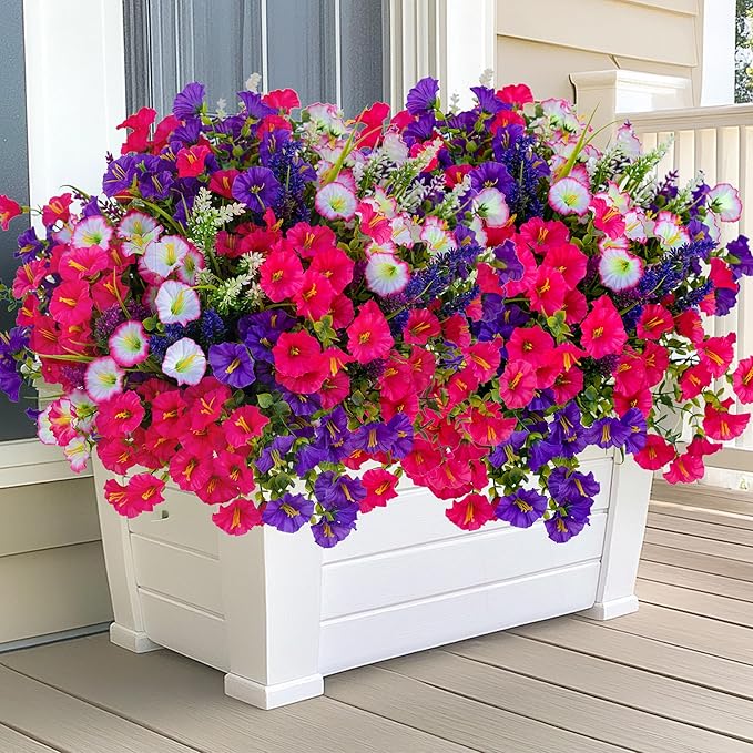 Artificial Flowers Outdoor Morning Glory - 16 Bundles Fake Plants UV Resistant No Fade Faux Plastic Greenery Home Garden Porch Decoration Indoor (1, Multi16-3)