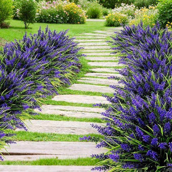 Geegoods Artificial Plants Flowers Outdoor – 24 Bundles UV Resistant Faux Lavender Flowers with Monkey Grass for Garden Porch Window Patio Hanging Planter Decor
