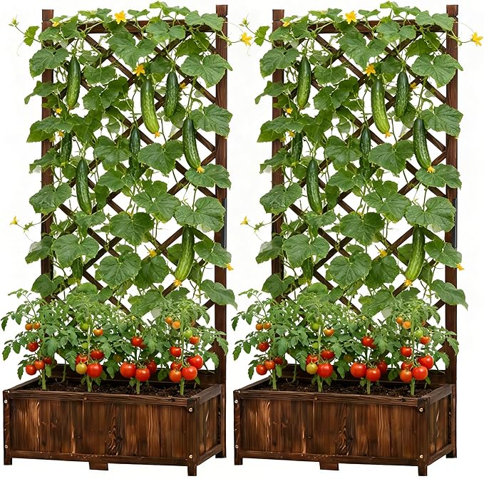 Anraja Raised Garden Bed with Trellis Wooden Planter Box Set of 2 Outdoor Wood Compact Privacy Screen for Climbing Plant Flower Patio Tomato Vegetable Herb Balcony Porch 29.5" L x 17.0" W x 67.0" H