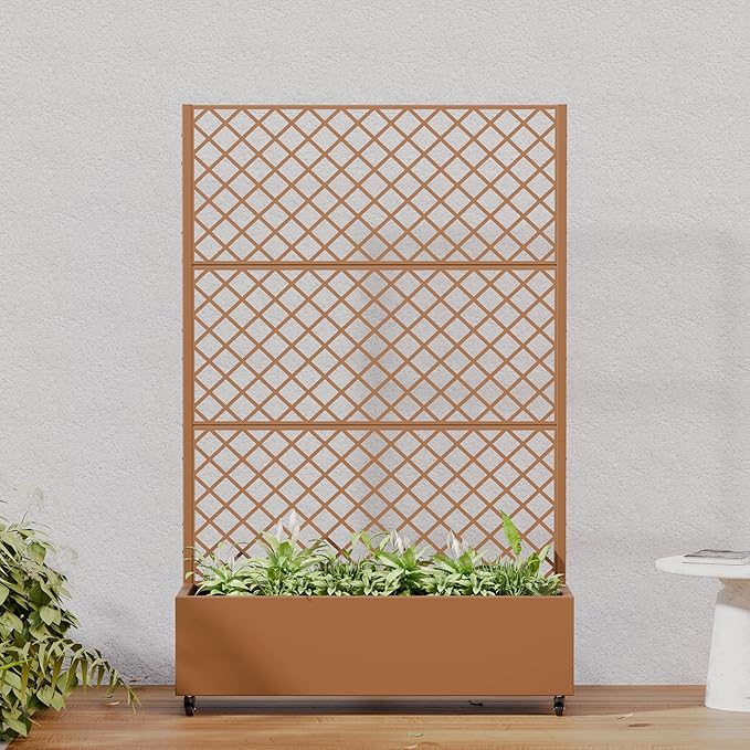 Casaphoria Metal Raised Garden Bed with Trellis and Wheels, 72"x47"x16" Arched Planter Box for Climbing Plants, Vegetables & Vines, Features Drainage Holes and Privacy Screen, Brown-Rhombus