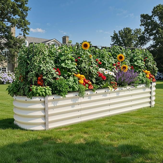 YITAHOME 8x2x1.5ft Large Raised Garden Bed Kit, 17" Tall 9 in 1 Galvanized Metal Planter Box with Gloves & Safety Rubber, Outdoor Above Ground Planters for Plants Vegetables Flowers, Cream Yellow