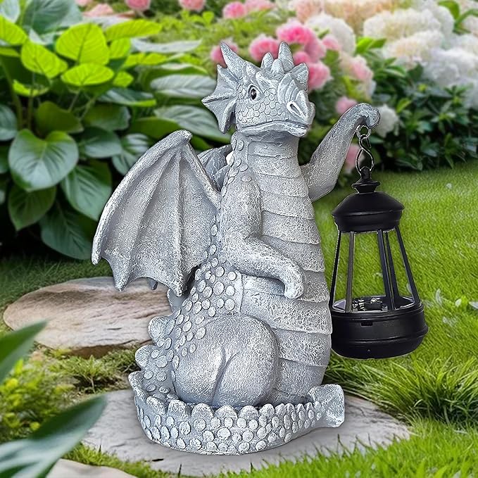 Solar Garden Decor Dragon Statues with Solar Lantern,Dragon Figurine Lights Outdoor Decorations for Yard Lawn Patio Balcony Whimsical Art Outside,Unique Housewarming Gift for Mom Grandma Women