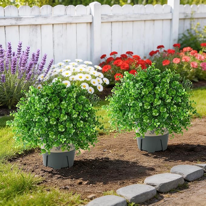 florisso 2 Pack Artificial Boxwood Topiary Trees, UV-Resistant Faux Realistic Greenery Potted Bushes with Pots for Front Door, Porch, Farmhouse, Garden Decor